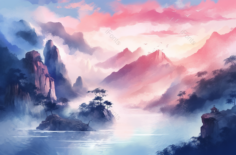 唯美红色天空水墨山水画,插画/手绘图,插画/手绘图库,插画/手绘图下载,插画/手绘